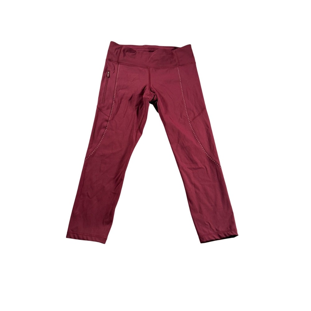 Lululemon Burgundy Cropped Running Leggings Reflective Trim Zip Pocket Women 8